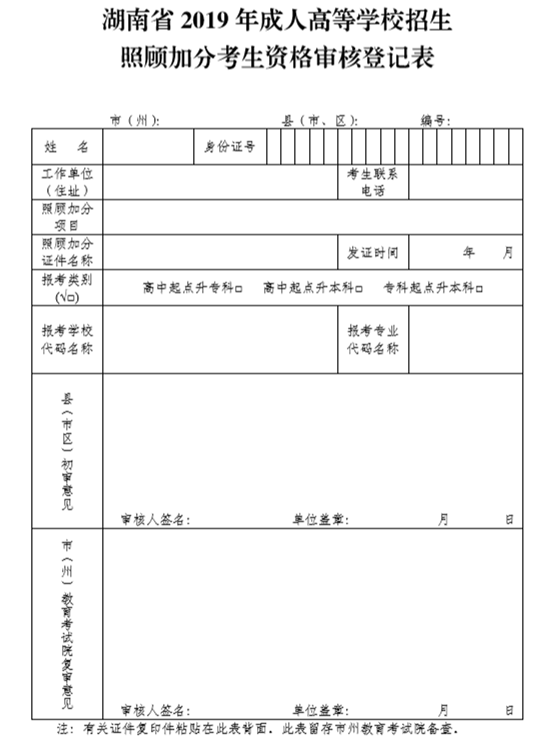 湖南省2019年成人高考招生照顾加分考生资格审核登记表(图1)