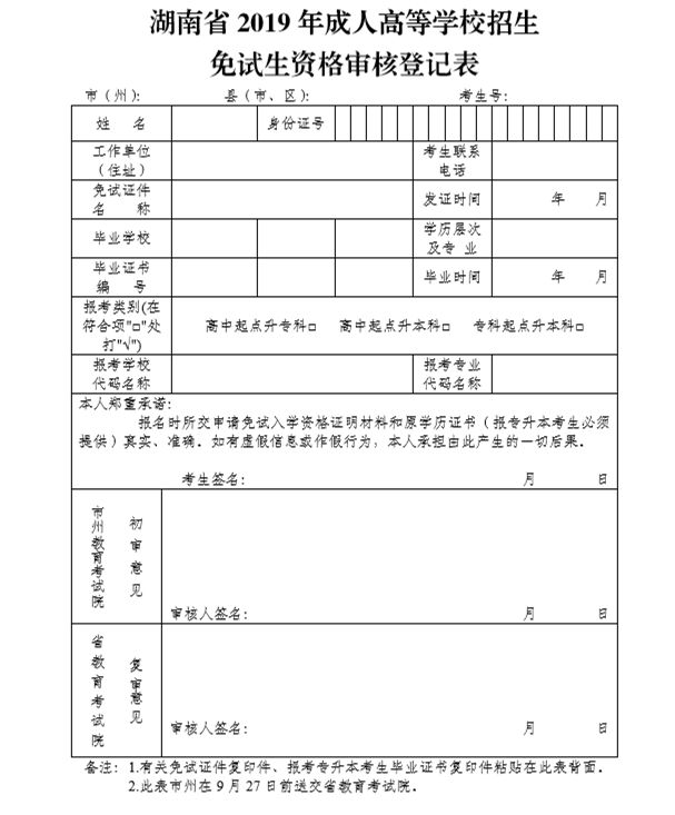 湖南省2019年成人高考招生免试生资格审核登记表(图1)
