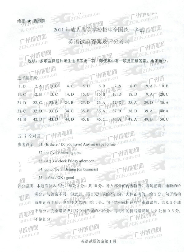 成人高考2011年高升专英语试题参考答案(图1)