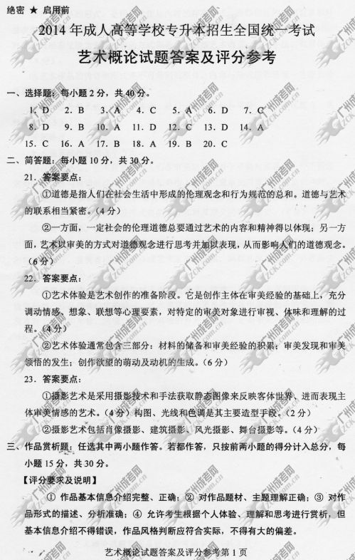 湖南省成人高考2014年统一考试专升本艺术概论真(图1)