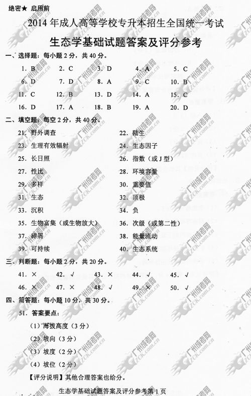 湖南省成人高考2014年统一考试专升本生态学基础(图1)