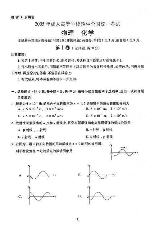 2005年成人高考物理化学试题及答案上(高起点)(图1)