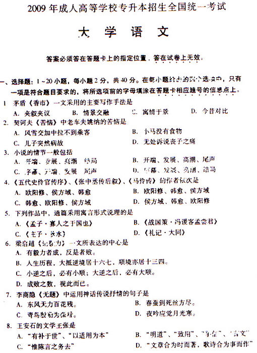 2009年成人高考专升本大学语文试题及答案(图1)